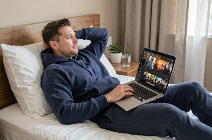 Homme regardant une plateforme de streaming sur son ordinateur portable allongé sur son lit
