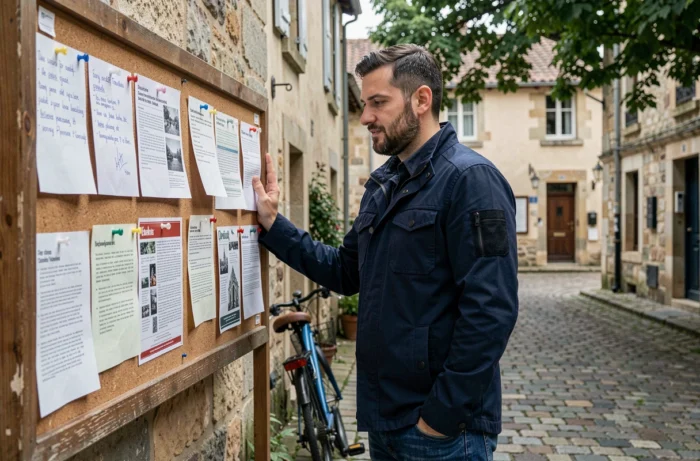 Homme lisant des petites annonces affichées sur un tableau communautaire en plein air dans une ville française