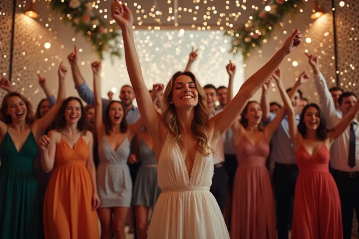 Foule d'invités de mariage levant les bras et célébrant avec joie sur I Gotta Feeling des Black Eyed Peas lors de la réception