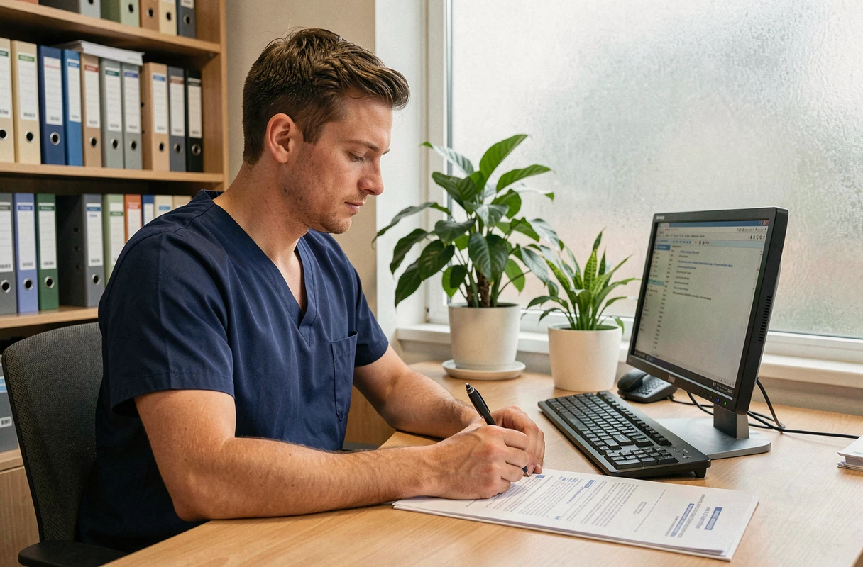 Infirmier remplissant des documents administratifs dans un bureau de santé en France