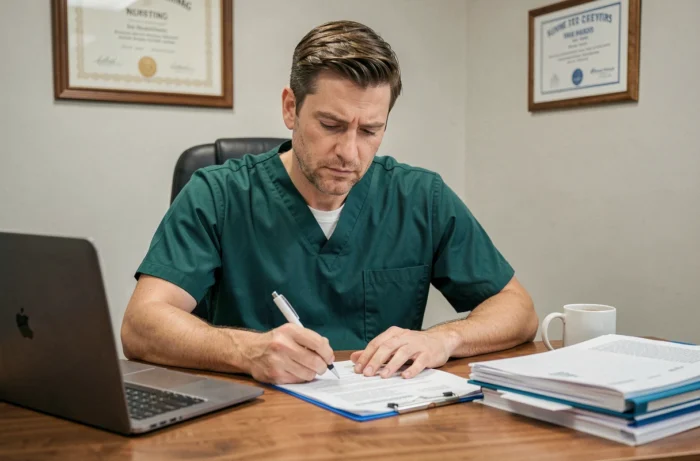 Infirmier signant un contrat d'assurance responsabilité civile professionnelle dans un bureau médical, soulignant l'importance de la protection juridique pour les soignants