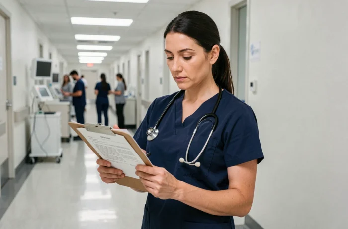 Infirmière en tenue professionnelle bleue consultant un dossier patient dans un couloir d'hôpital moderne, illustrant la responsabilité professionnelle en soins infirmiers