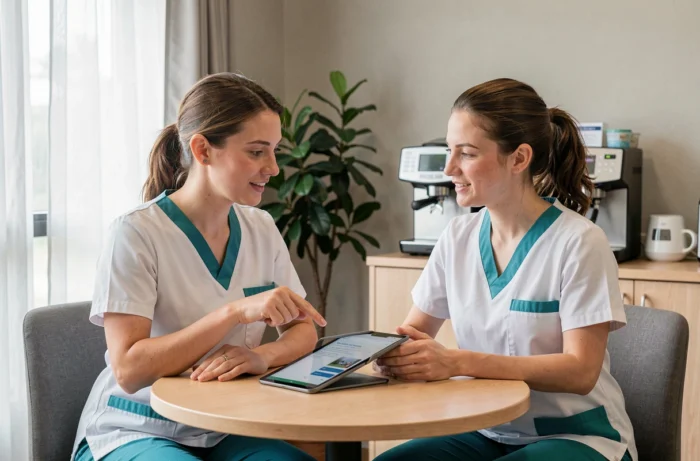 Deux infirmières discutant de l'assurance responsabilité civile professionnelle sur une tablette dans une salle de pause médicale, représentant la sensibilisation aux protections juridiques pour les professionnels de santé