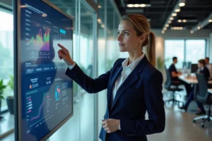 Femme d'affaires analysant des tableaux de bord analytiques innovants sur un écran interactif dans un bureau moderne