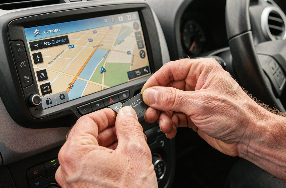 Gros plan sur l'insertion d'une carte SD dans le tableau de bord d'un Citroën Berlingo pour la mise à jour de la navigation GPS