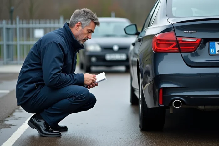 Inspecteur automobile examinant une plaque d'immatriculation étrangère britannique lors d'un contrôle de véhicule