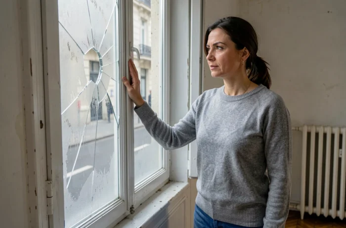 Femme inspectant une fenêtre fissurée avec condensation intérieure dans un appartement parisien