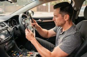 Homme installant une tablette Android sur le tableau de bord de sa voiture comme système CarPlay
