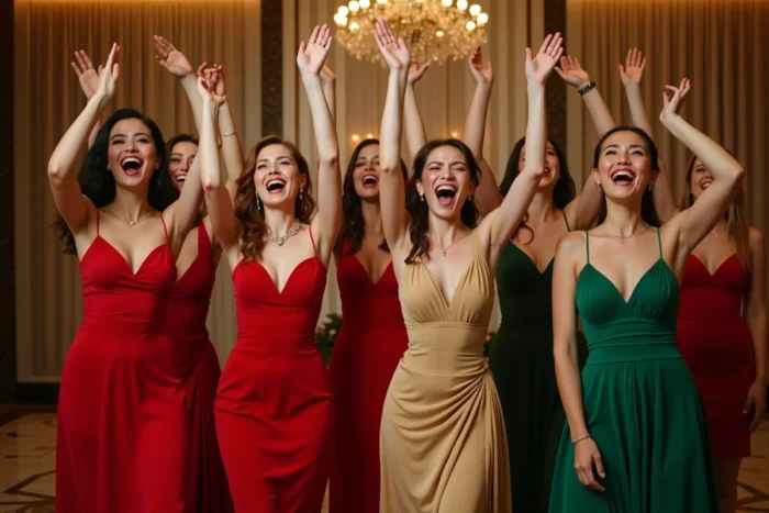 Groupe de femmes en robes de soirée colorées dansant de façon théâtrale les bras levés sur It's Raining Men lors d'un mariage
