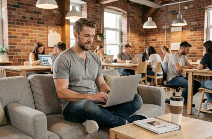 Jeune entrepreneur consultant les actualités business sur son ordinateur dans un espace de coworking moderne