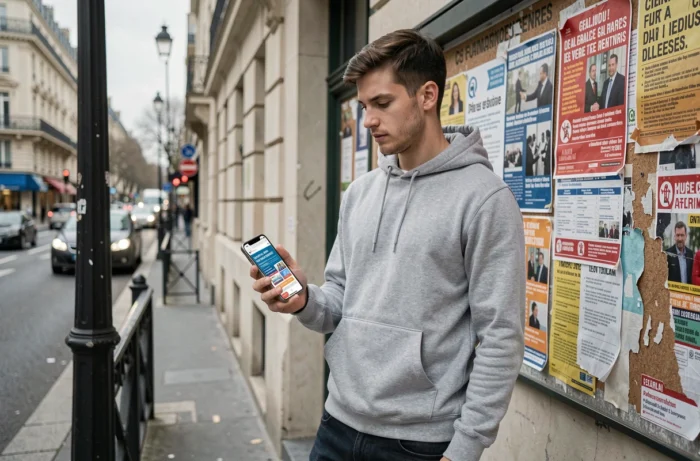 Jeune homme consultant des informations sur ses droits fondamentaux sur smartphone devant un panneau d'affichage civic en rue parisienne