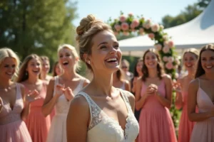 Mariée lançant son bouquet de fleurs blanches et roses vers un groupe de convives enthousiastes lors d'une réception de mariage en plein air