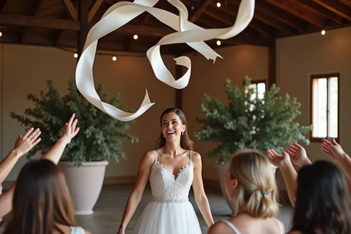 Mariée lançant un ruban de satin blanc en l'air lors d'une alternative au lancer de bouquet traditonnel pendant la réception de mariage