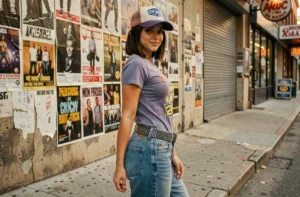 Jeune femme en tenue Y2K tendance avec casquette Von Dutch et jean taille basse devant un mur urbain vintage