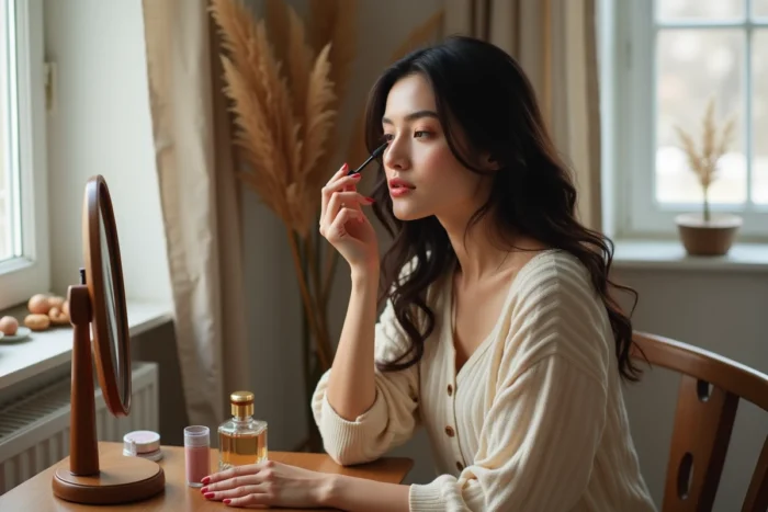 Jeune femme appliquant du mascara devant un miroir de coiffeuse vintage, maquillage naturel du matin