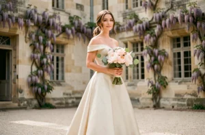 Mariée en robe de satin ivoire dans la cour d'un château français entourée de glycines en fleurs, tenant un bouquet de pivoines roses