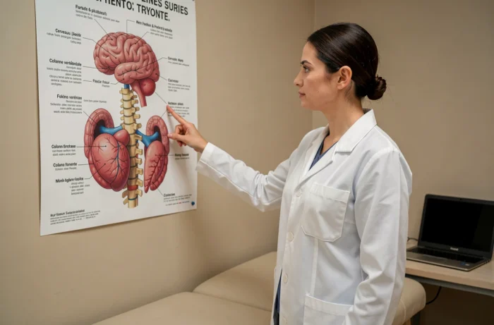 Médecin femme expliquant les parties du corps humain sur un poster anatomique en consultation