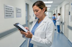 Médecin femme consultant une tablette dans un couloir d'hôpital moderne en France