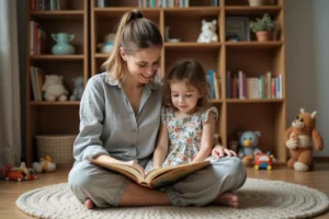 Mère et fille lisant un livre illustré ensemble sur le sol d'un salon chaleureux, ressources éducatives pour parents