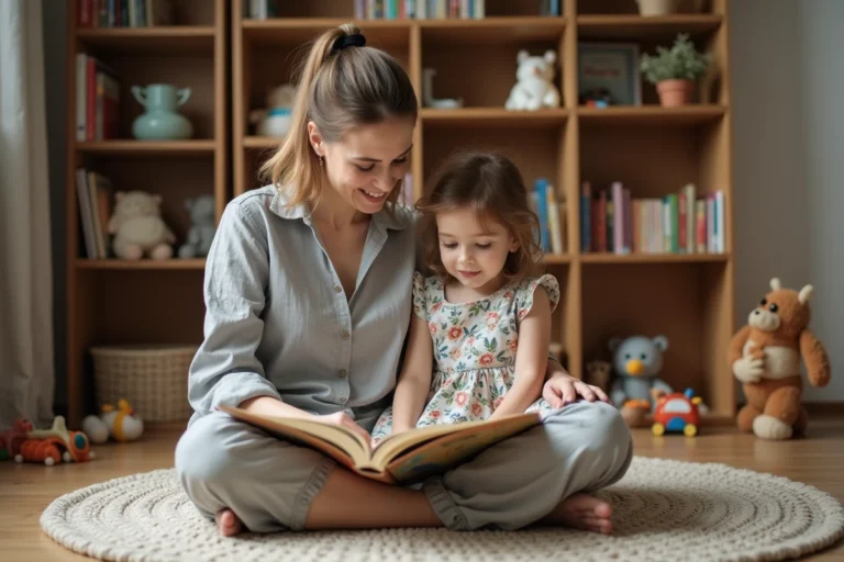 Mère et fille lisant un livre illustré ensemble sur le sol d'un salon chaleureux, ressources éducatives pour parents