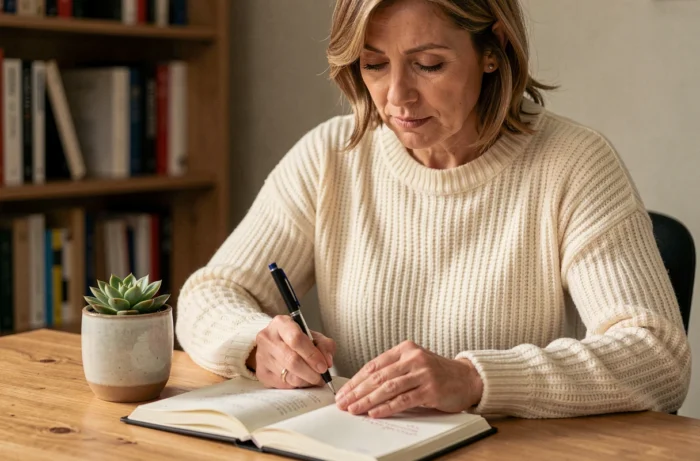Mère écrivant dans un journal intime à son bureau à domicile, prenant soin de sa santé mentale au quotidien