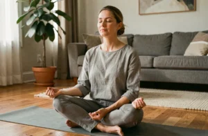 Mère sereine pratiquant la méditation sur un tapis de yoga dans un salon chaleureux et apaisé