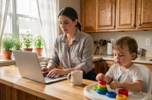 Mère moderne multitâche dans une cuisine chaleureuse avec son bébé, illustrant les astuces de gestion du quotidien pour les parents