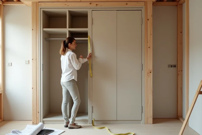 Designer d'intérieur mesurant les dimensions d'un dressing en cours d'installation dans une chambre