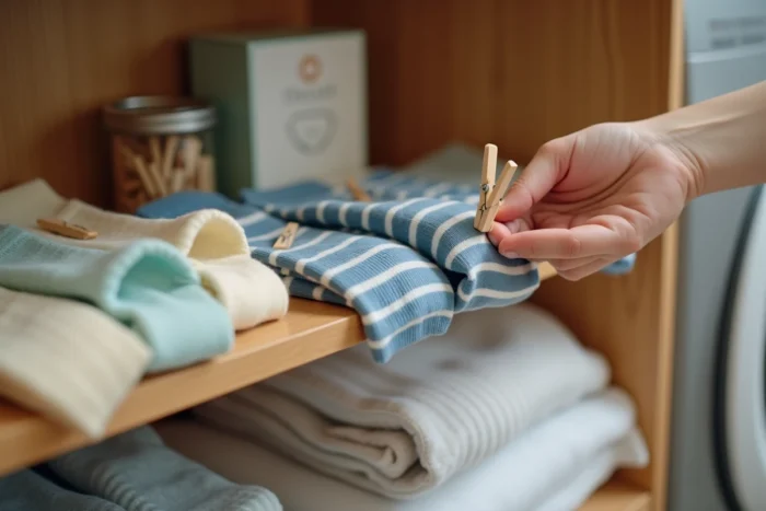 Des mains épinglant une mini-pince à linge en bois sur une paire de chaussettes rayées pour maintenir les deux ensemble avant le passage en machine