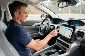 Homme effectuant une mise à jour GPS sur l'écran tactile d'une Citroën C5 Aircross depuis l'habitacle