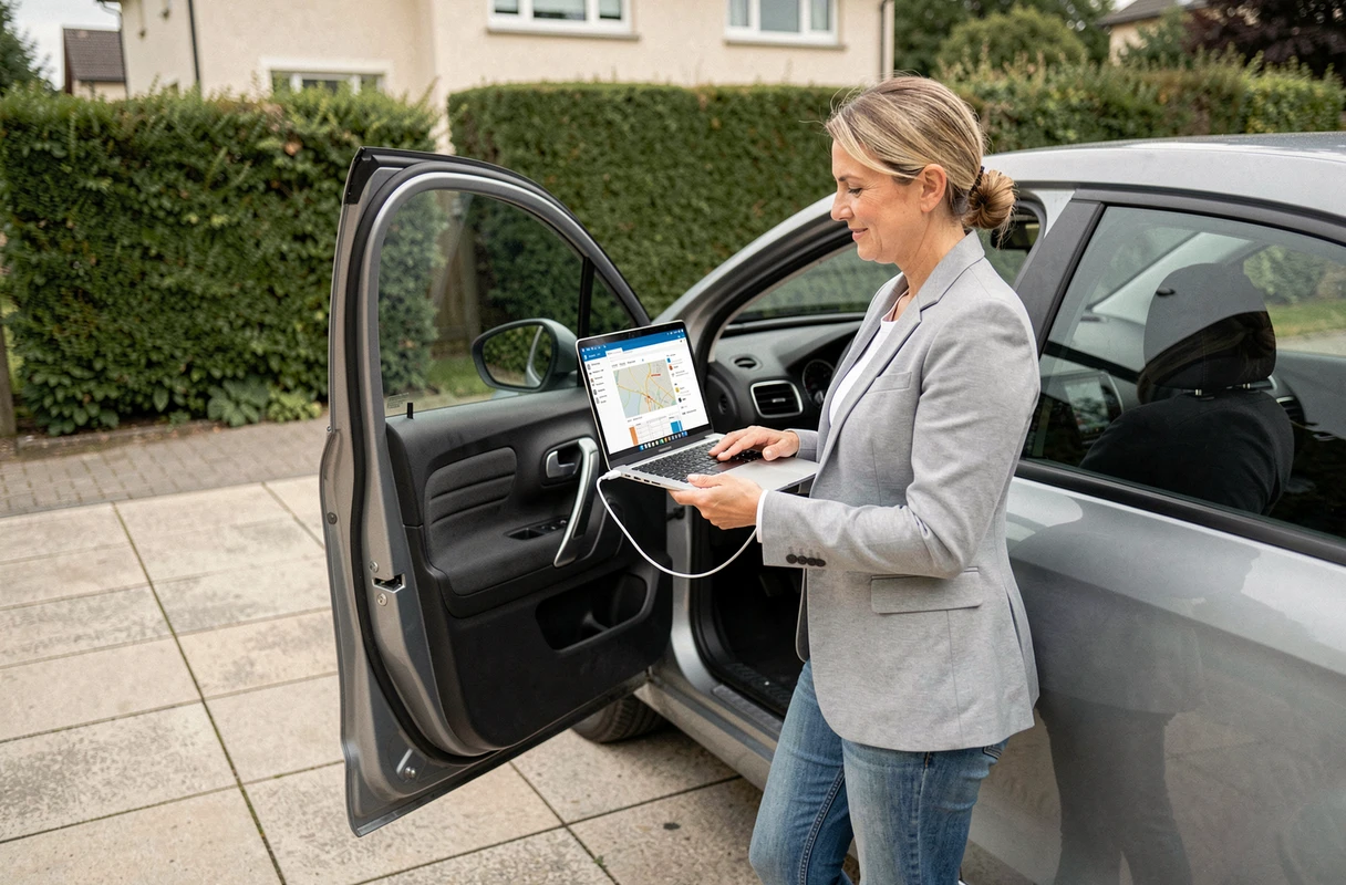 Femme utilisant un ordinateur portable pour mettre à jour le GPS d'une Citroën C3 garée dans une allée résidentielle