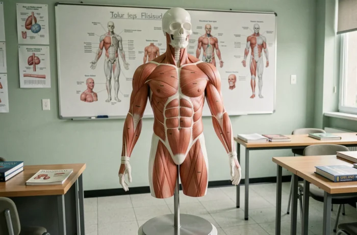 Modèle anatomique humain dans une salle de cours médicale montrant les parties du corps et leurs fonctions