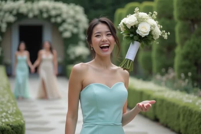 Jeune femme attrappant le bouquet de la mariée avec surprise et joie lors d'un lancer en extérieur sur Moi Lolita d'Alizée