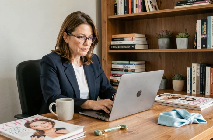 Femme élégante naviguant sur un site de beauté depuis un bureau à domicile entouré de magazines et d'accessoires beauté