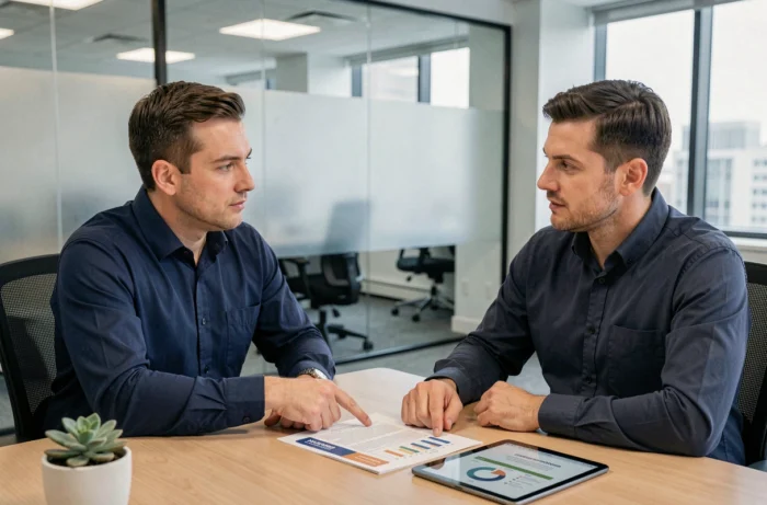 Client en train de renégocier son contrat d'assurance habitation avec un conseiller dans une agence moderne