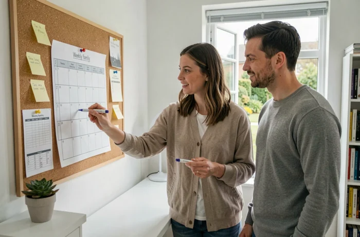 Deux parents planifiant ensemble leur semaine familiale sur un tableau organisateur dans un bureau à domicile, astuce de gestion du temps pour parents modernes