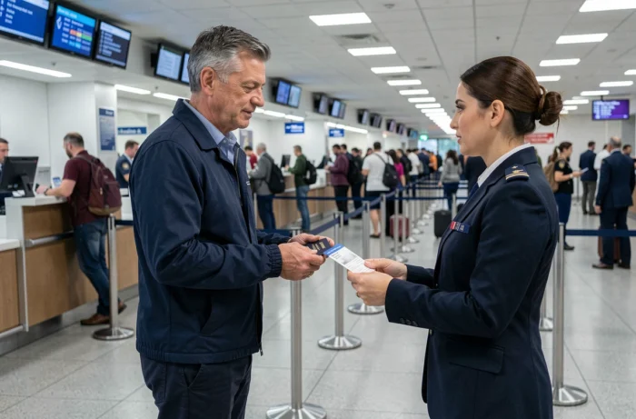 Homme présentant son passeport à un agent easyJet au comptoir d'enregistrement pour corriger une erreur de nom