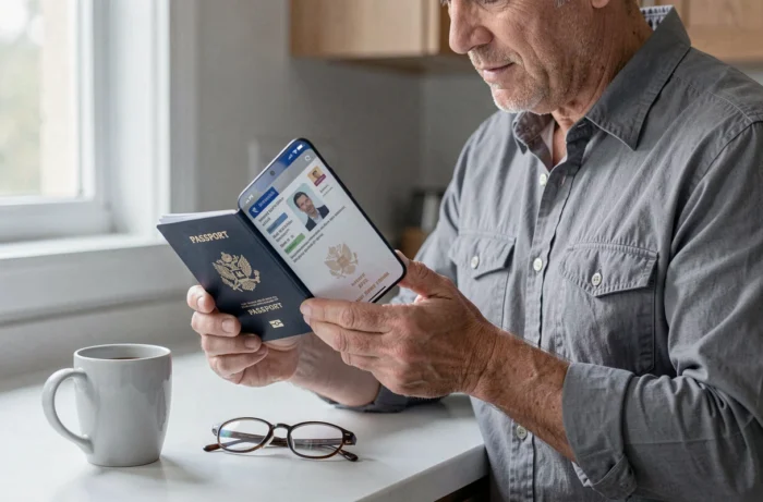Homme photographiant son passeport avec un smartphone pour soumettre une demande de visa électronique