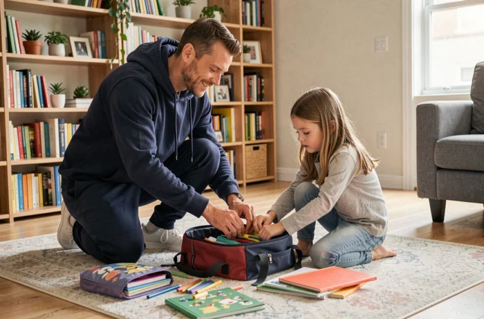 Père aidant sa fille à préparer son cartable dans un salon bien organisé, conseil pratique pour simplifier la routine scolaire des parents