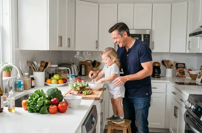 Père et enfant cuisinant ensemble dans une cuisine moderne, partageant un moment de complicité familiale