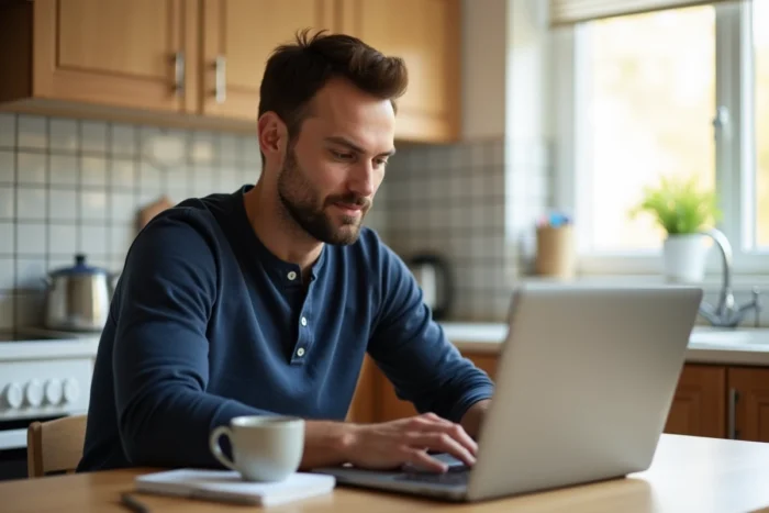 Père consultant des ressources parentales en ligne sur un ordinateur portable dans une cuisine familiale moderne