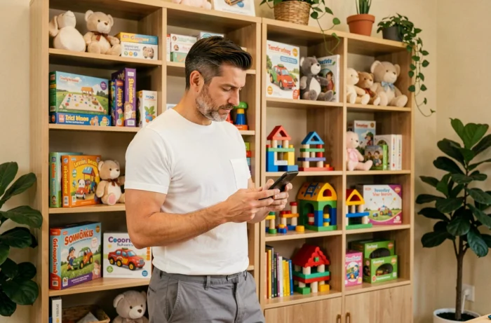Père consultant un site de jouets en ligne sur smartphone devant une étagère organisée remplie de jeux et jouets tendance pour enfants