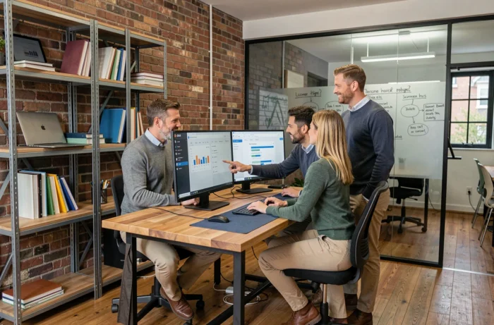 Petite équipe de professionnels collaborant sur un tableau de bord de productivité dans un espace de co-working