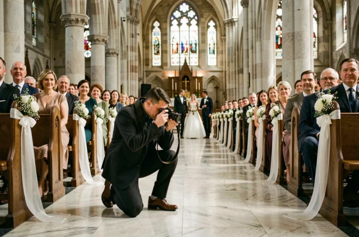 Photographe professionnel de mariage en action à l'intérieur d'une cathédrale capturant la procession nuptiale avec précision et discrétion
