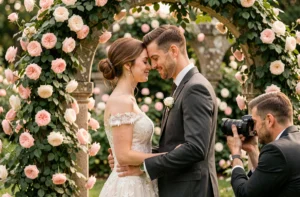 Couple de mariés partageant un moment intime front contre front lors d'une cérémonie de mariage en jardin fleuri, photographié par un professionnel