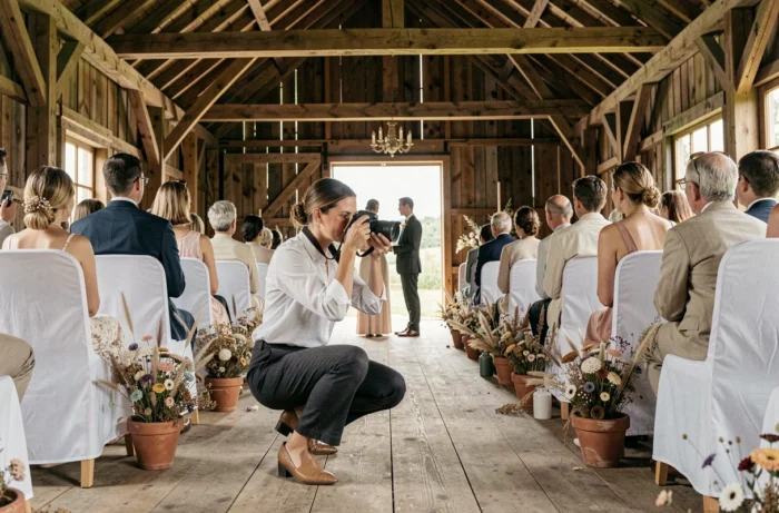 Photographe professionnelle en action lors d'une cérémonie de mariage dans une grange rustique en Essonne