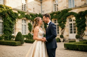 Couple de mariés devant un château en Essonne lors d'une séance photo de mariage élégante
