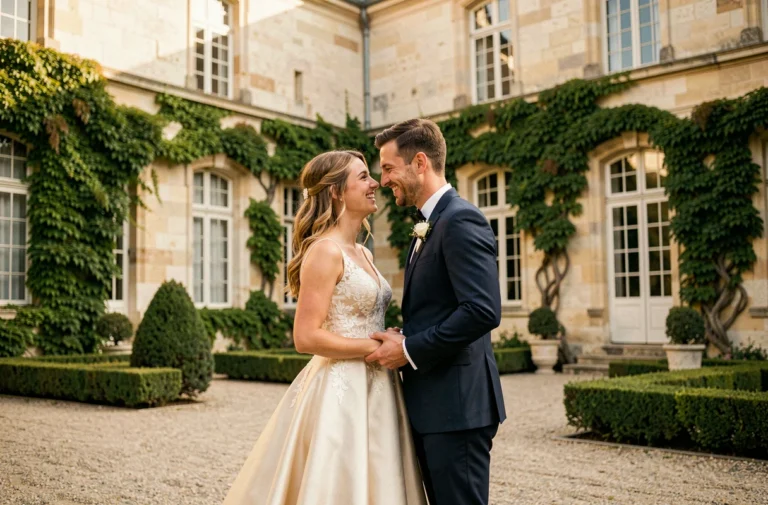 Couple de mariés devant un château en Essonne lors d'une séance photo de mariage élégante