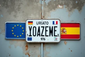 Gros plan sur trois plaques d'immatriculation européennes différentes (France, Allemagne, Espagne) montées sur un mur en béton