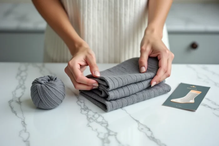 Des mains féminines montrant la technique du pliage en paire roulée de chaussettes grises côtelées, comparée à des chaussettes mal formées en boule